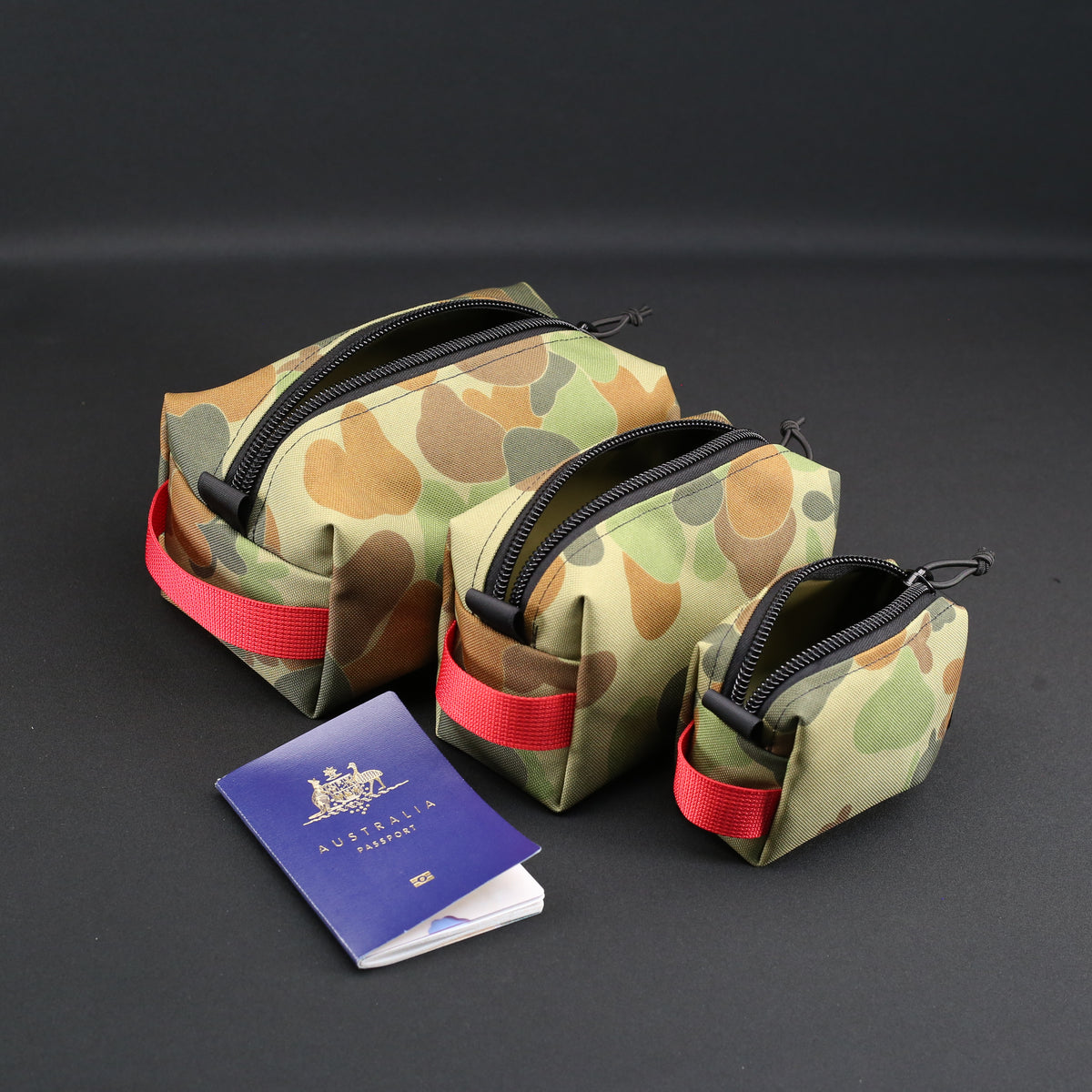 3 Piece Travel Pouch Set in Auscam x Red